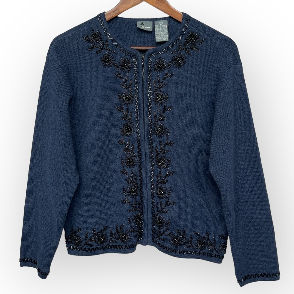 Lizwear Cardigan Sweater Womens Petite M Blue Beaded Floral Full Zip Cotton Good